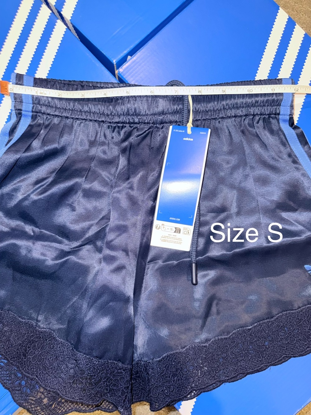 NWT Adidas Navy Blue Satin Athletic Shorts with Lace Trim - Picture 9 of 10